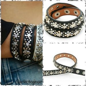 BLACK leather star wrap snap bracelet